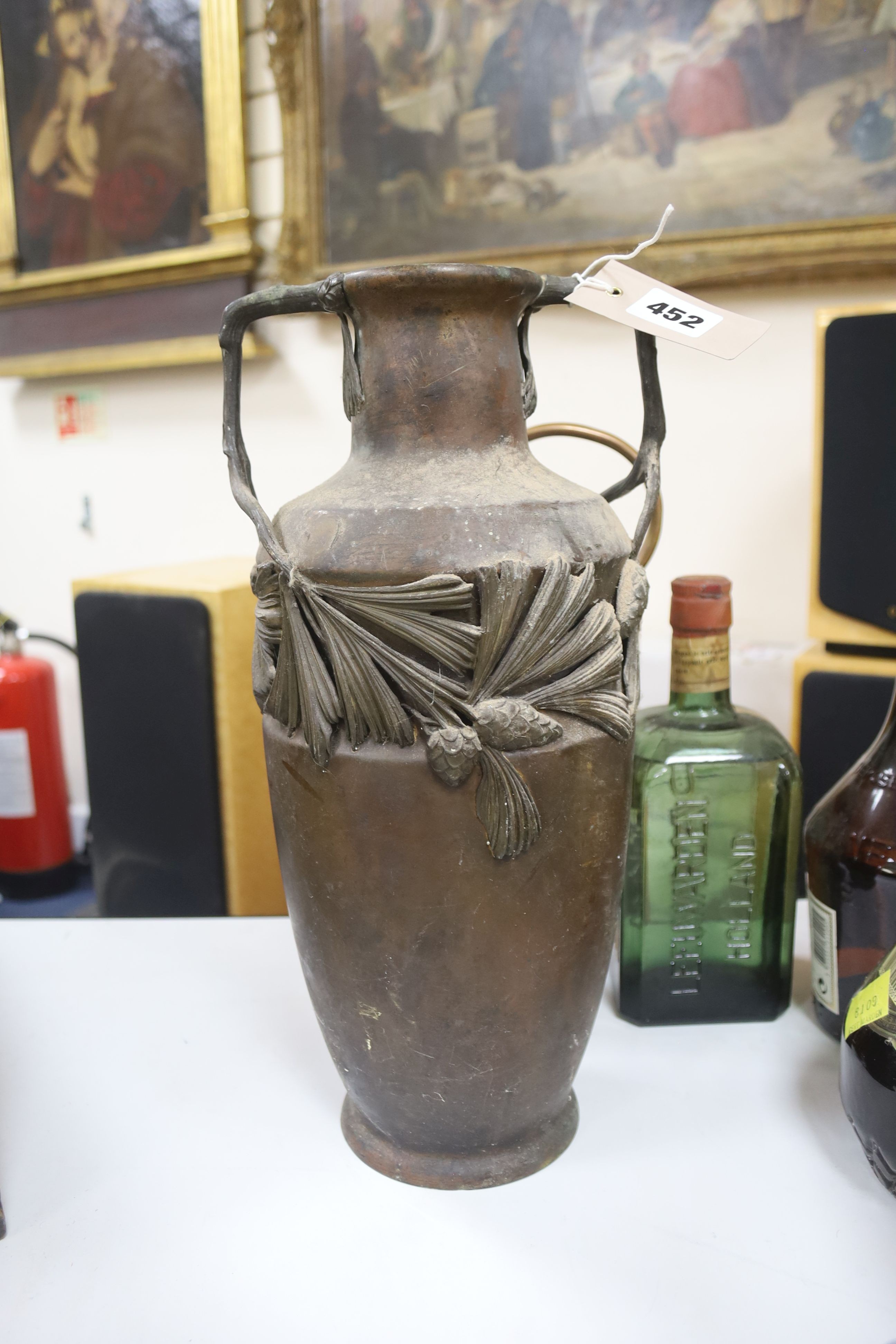 Mixed metalware including copper, an Art Nouveau style frame etc